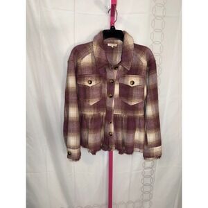 Mytree Plaid Shacket Peplum Frayed Hem Button Front Women Small